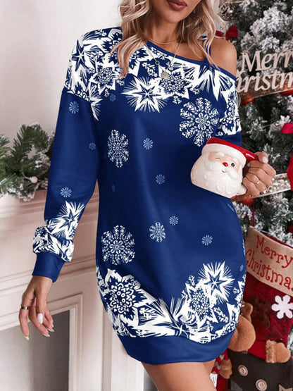 Schulterfreies Herbst- und Winterkleid mit weihnachtlichem Aufdruck für Damen 
