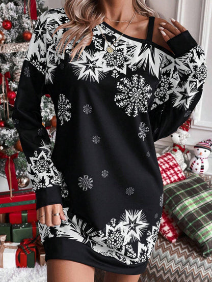 Schulterfreies Herbst- und Winterkleid mit weihnachtlichem Aufdruck für Damen 