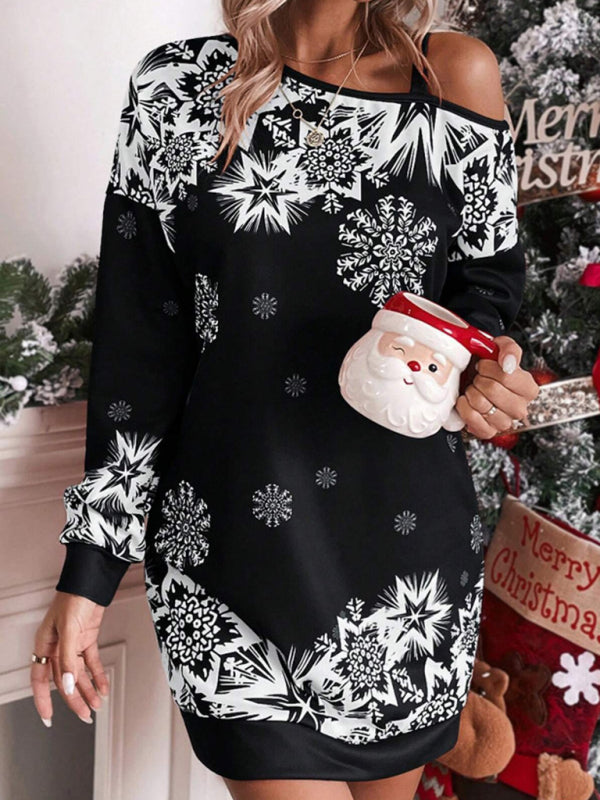 Schulterfreies Herbst- und Winterkleid mit weihnachtlichem Aufdruck für Damen 
