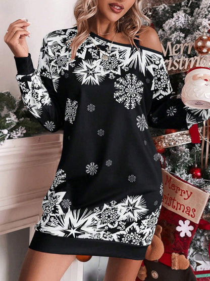 Schulterfreies Herbst- und Winterkleid mit weihnachtlichem Aufdruck für Damen 