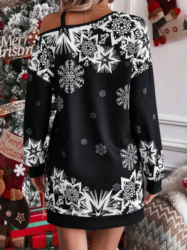Schulterfreies Herbst- und Winterkleid mit weihnachtlichem Aufdruck für Damen 