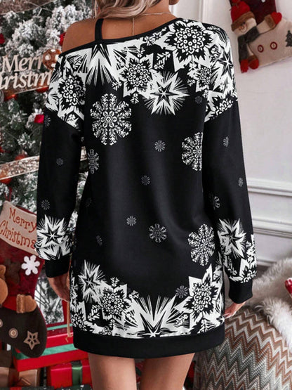 Schulterfreies Herbst- und Winterkleid mit weihnachtlichem Aufdruck für Damen 