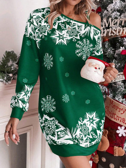 Schulterfreies Herbst- und Winterkleid mit weihnachtlichem Aufdruck für Damen 