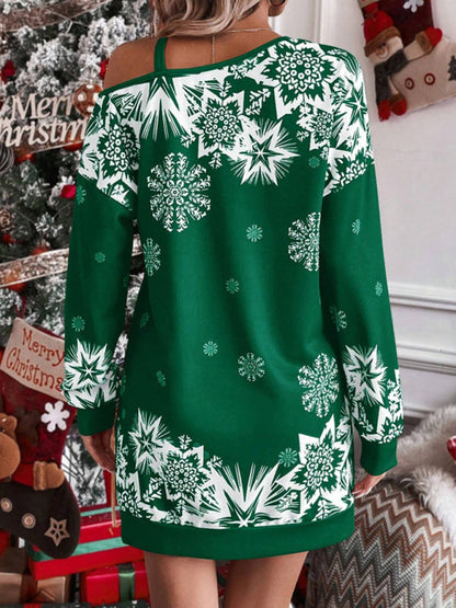 Schulterfreies Herbst- und Winterkleid mit weihnachtlichem Aufdruck für Damen 