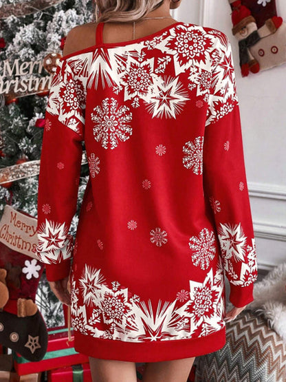 Schulterfreies Herbst- und Winterkleid mit weihnachtlichem Aufdruck für Damen 