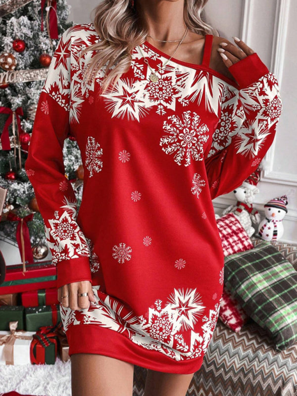 Schulterfreies Herbst- und Winterkleid mit weihnachtlichem Aufdruck für Damen 