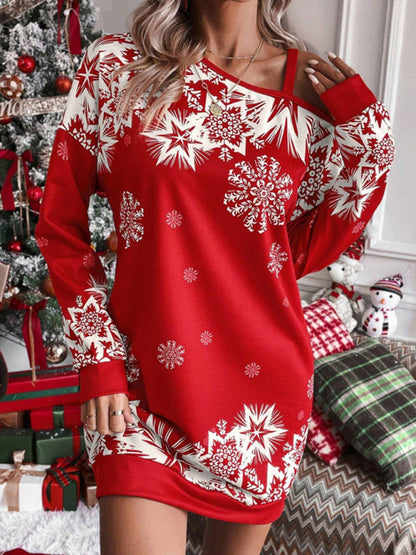 Schulterfreies Herbst- und Winterkleid mit weihnachtlichem Aufdruck für Damen 