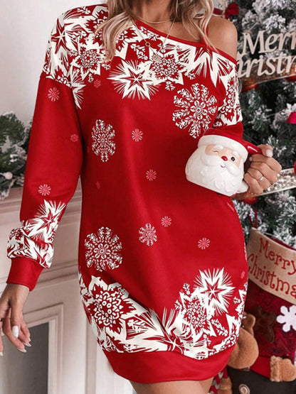 Schulterfreies Herbst- und Winterkleid mit weihnachtlichem Aufdruck für Damen 