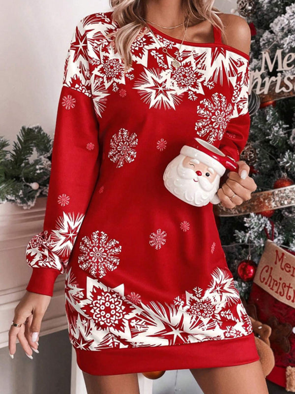 Schulterfreies Herbst- und Winterkleid mit weihnachtlichem Aufdruck für Damen 