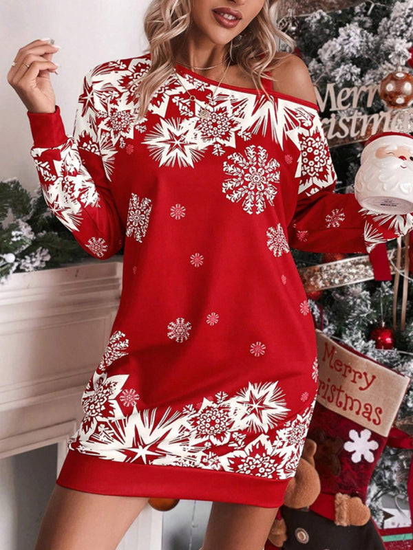 Schulterfreies Herbst- und Winterkleid mit weihnachtlichem Aufdruck für Damen 