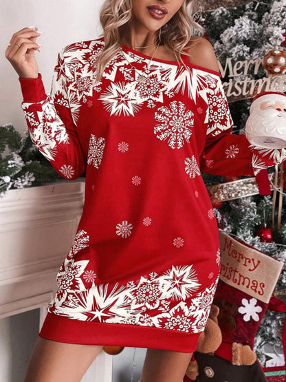 Schulterfreies Herbst- und Winterkleid mit weihnachtlichem Aufdruck für Damen 