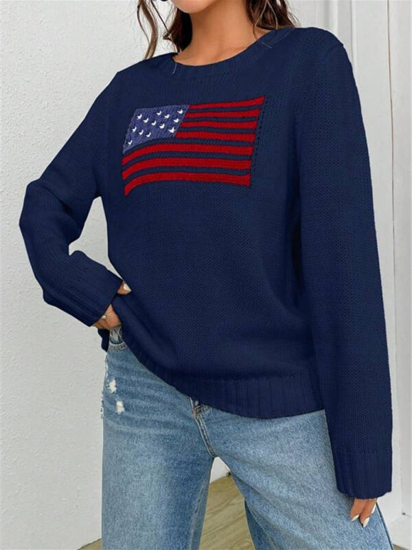 Nouveau pull tricoté simple et polyvalent à motif de drapeau à col rond ample 