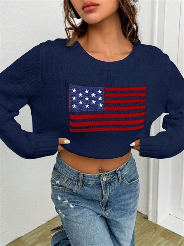 New loose round neck flag pattern simple and versatile knitted sweater