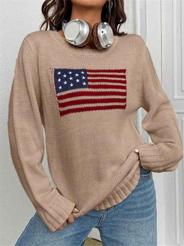 Nouveau pull tricoté simple et polyvalent à motif de drapeau à col rond ample 