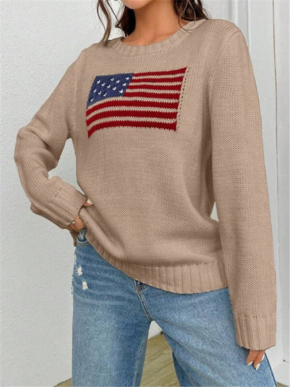 Nouveau pull tricoté simple et polyvalent à motif de drapeau à col rond ample 