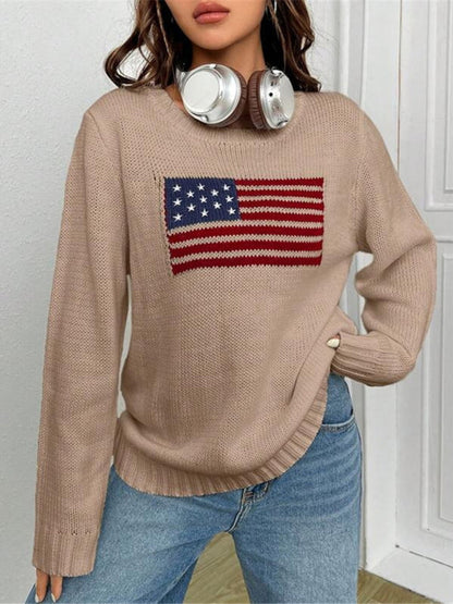 New loose round neck flag pattern simple and versatile knitted sweater