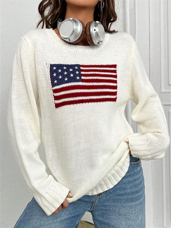 Nouveau pull tricoté simple et polyvalent à motif de drapeau à col rond ample 