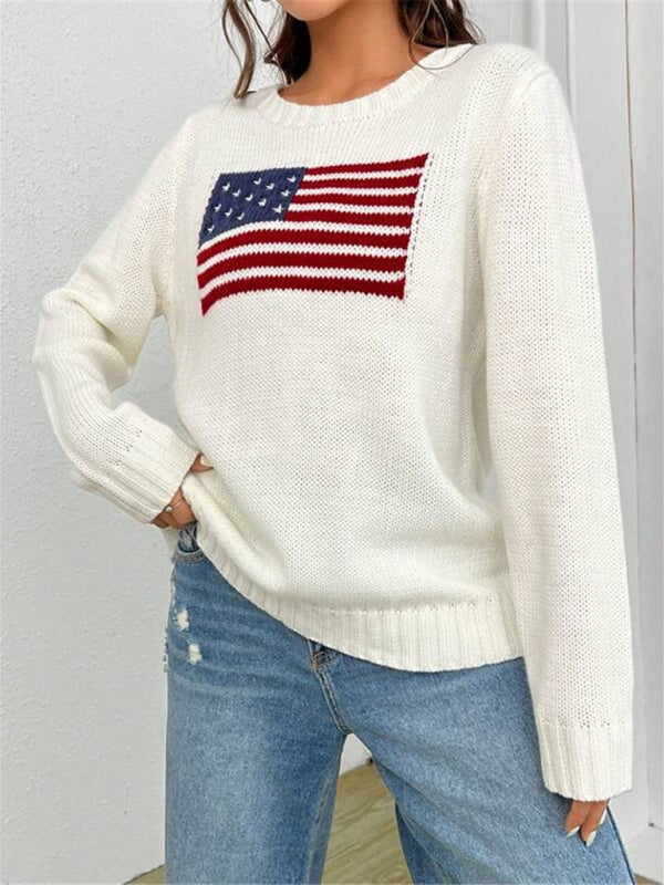 Nouveau pull tricoté simple et polyvalent à motif de drapeau à col rond ample 