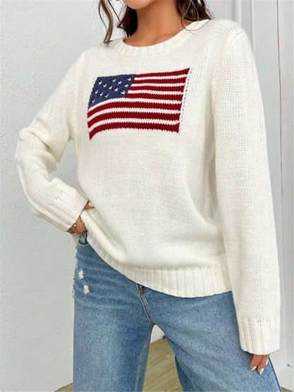 Nouveau pull tricoté simple et polyvalent à motif de drapeau à col rond ample 