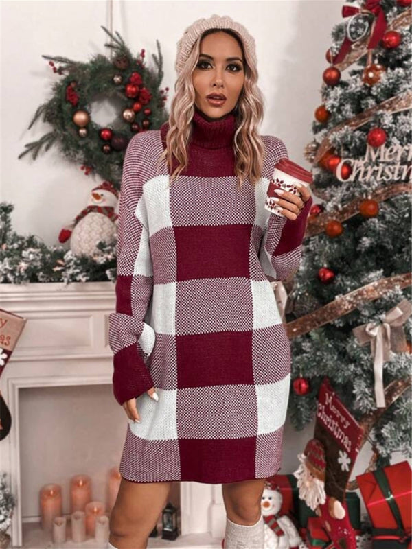 Weihnachts-Rollkragenpullover, lockeres, schlankmachendes, kariertes Kontrastpulloverkleid