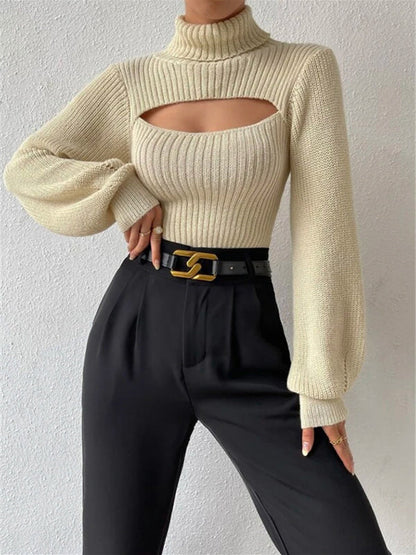 Sexy loose versatile sweater turtleneck hollow sweater outer top