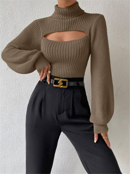 Sexy loose versatile sweater turtleneck hollow sweater outer top