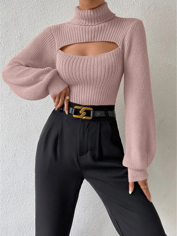 Sexy loose versatile sweater turtleneck hollow sweater outer top