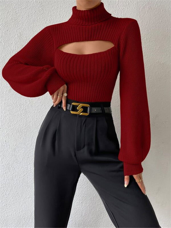 Sexy loose versatile sweater turtleneck hollow sweater outer top