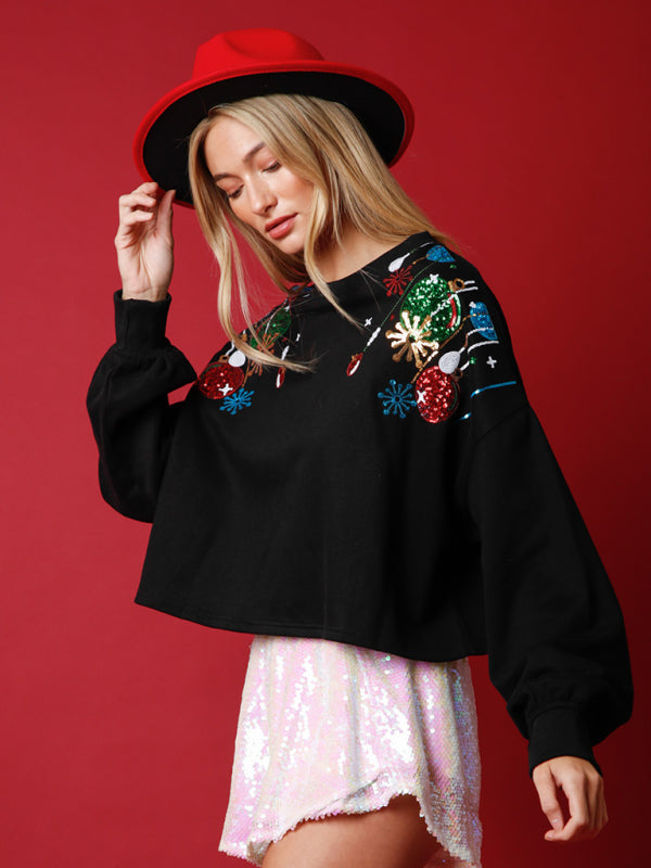 New fashionable Christmas sequined round neck pullover loose sweatshirt