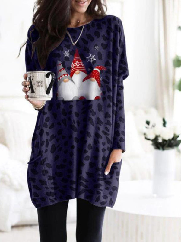 Nouvelle robe imprimée léopard de noël avec poches à manches longues 