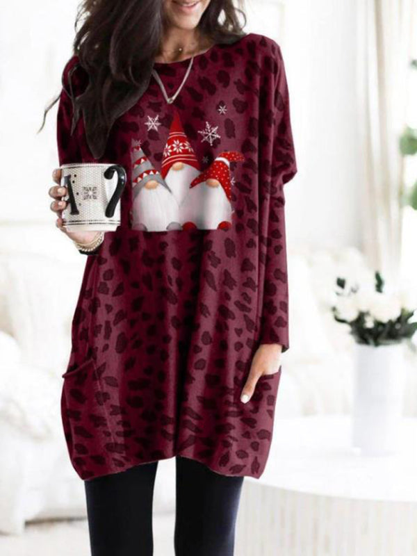Nouvelle robe imprimée léopard de noël avec poches à manches longues 