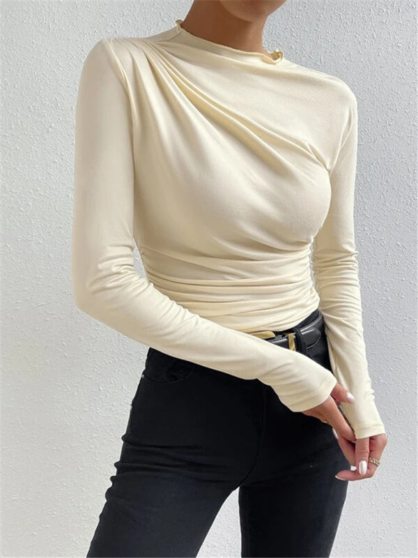 Solid color slim fit versatile ruffled design long-sleeved T-shirt women&