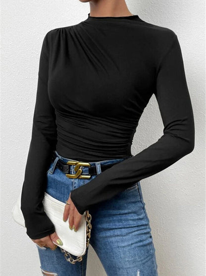 Solid color slim fit versatile ruffled design long-sleeved T-shirt women&