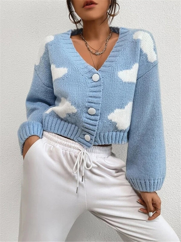 Loose V-neck cloud drop shoulder knitted cardigan three-button sweater short coat