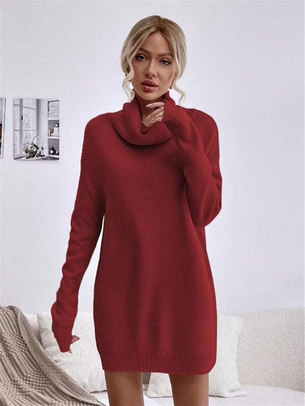 Robe pull tricotée à col roulé pour femme, couleur unie, ample, nouvelle collection 