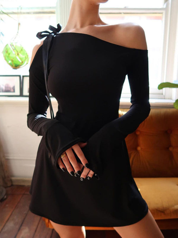 Robe sexy à lacets et épaules inclinées pour femmes, élégante, manches longues, nouvelle collection 