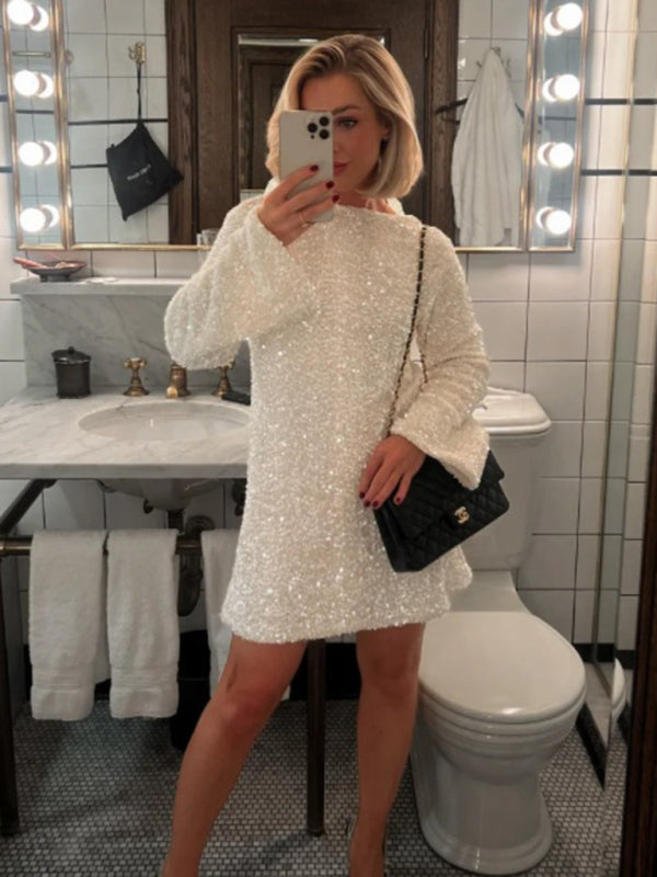 Neues, langärmliges, mit Pailletten besetztes Kleid mit Schleife am Rücken 