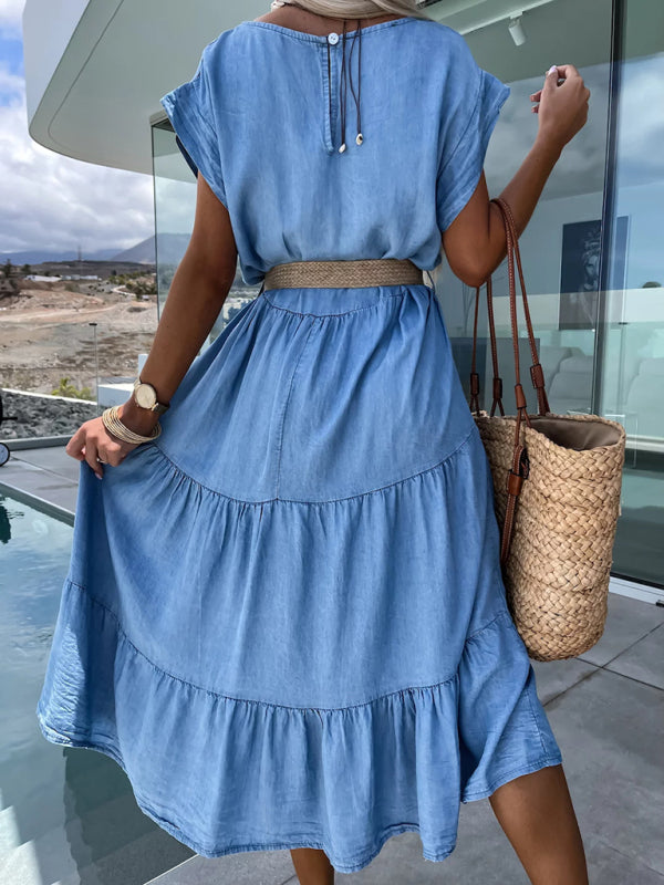 Robe à la mode, taille simple, col rond, couleur unie, sans ceinture, nouvelle collection 