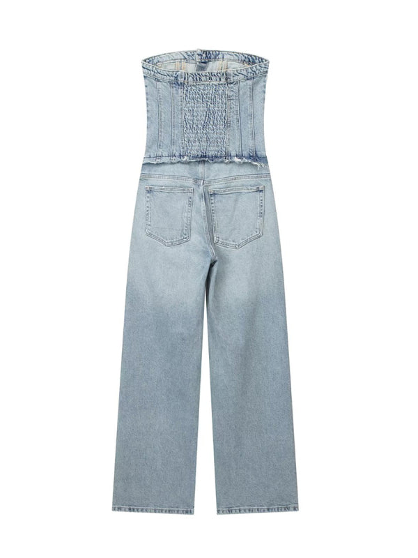 Nouveau femmes rétro style bombasse bustier tubulaire ample décontracté droit denim combinaison 