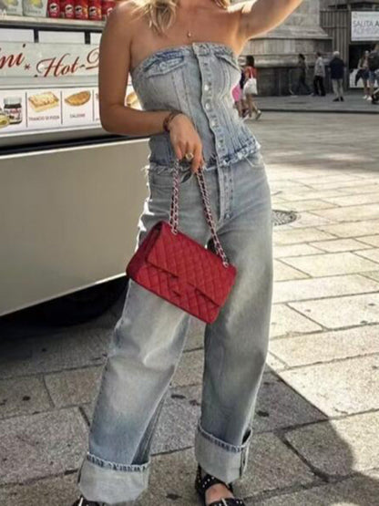 Neue Damen Retro Hottie Style Tube Top locker lässig gerade Denim Overall 