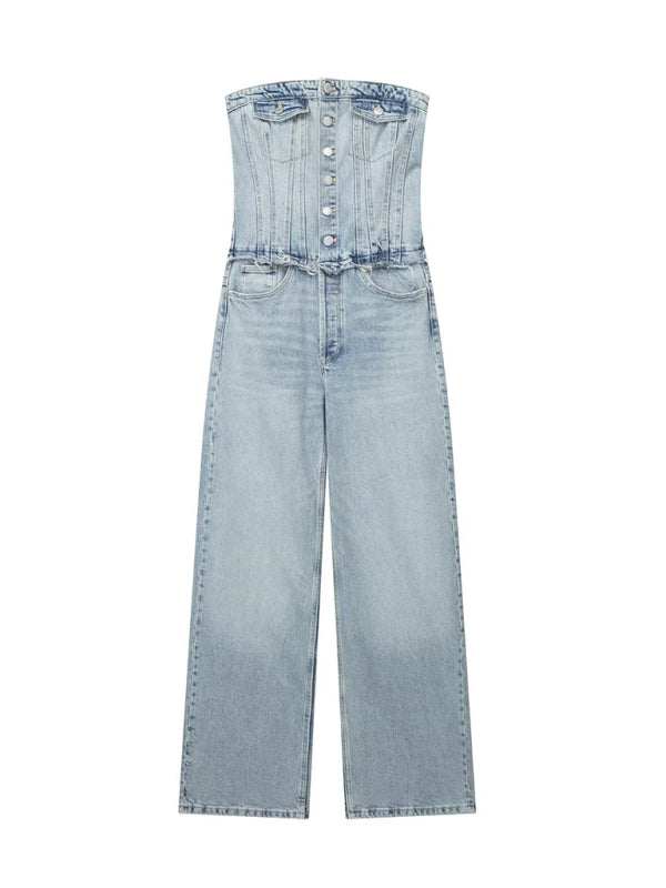 Nouveau femmes rétro style bombasse bustier tubulaire ample décontracté droit denim combinaison 