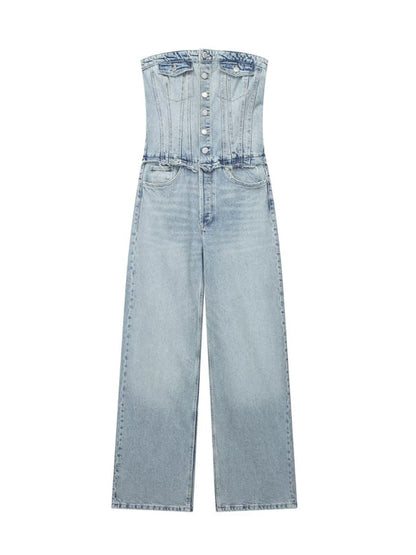 Nouveau femmes rétro style bombasse bustier tubulaire ample décontracté droit denim combinaison 