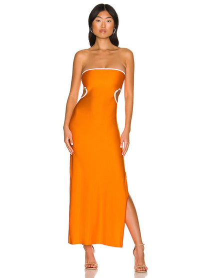 Backless hollow strapless long dress with hip covering