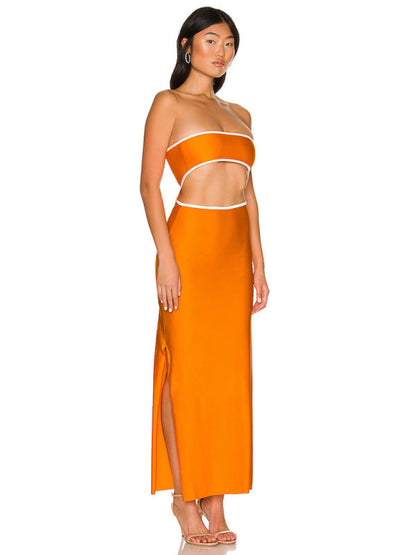 Backless hollow strapless long dress with hip covering