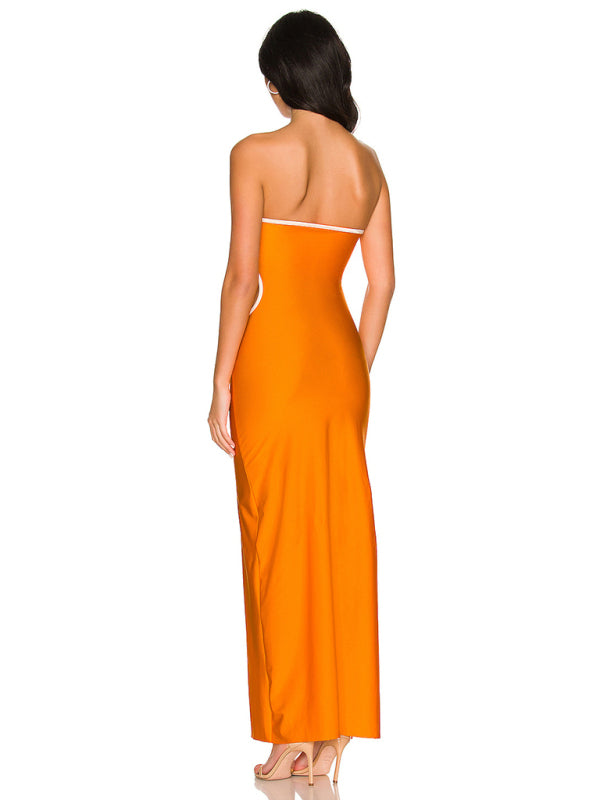 Backless hollow strapless long dress with hip covering