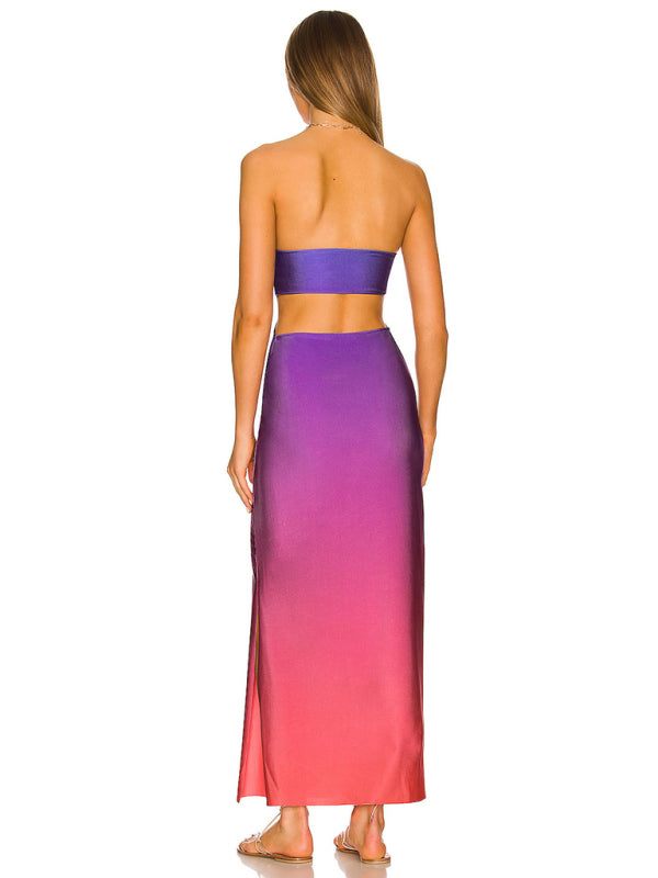 Backless hollow strapless long dress with hip covering