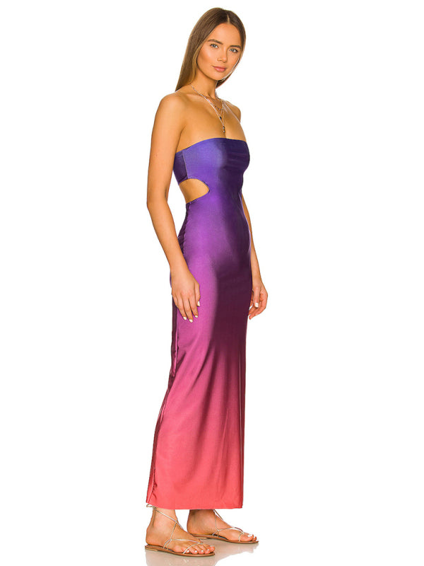 Backless hollow strapless long dress with hip covering