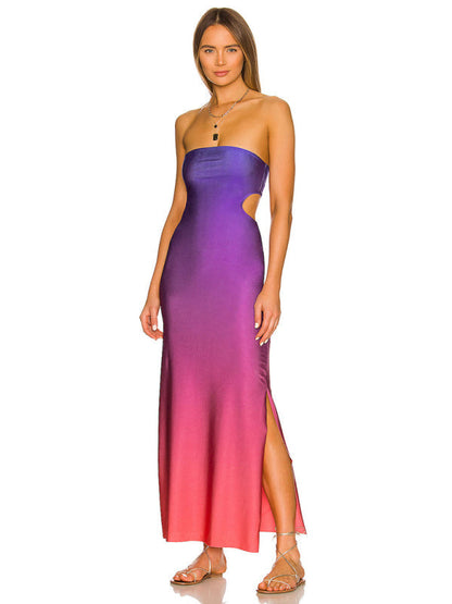 Backless hollow strapless long dress with hip covering