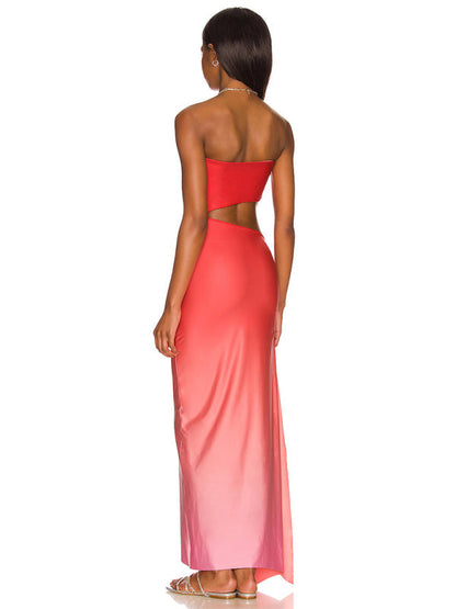 Backless hollow strapless long dress with hip covering