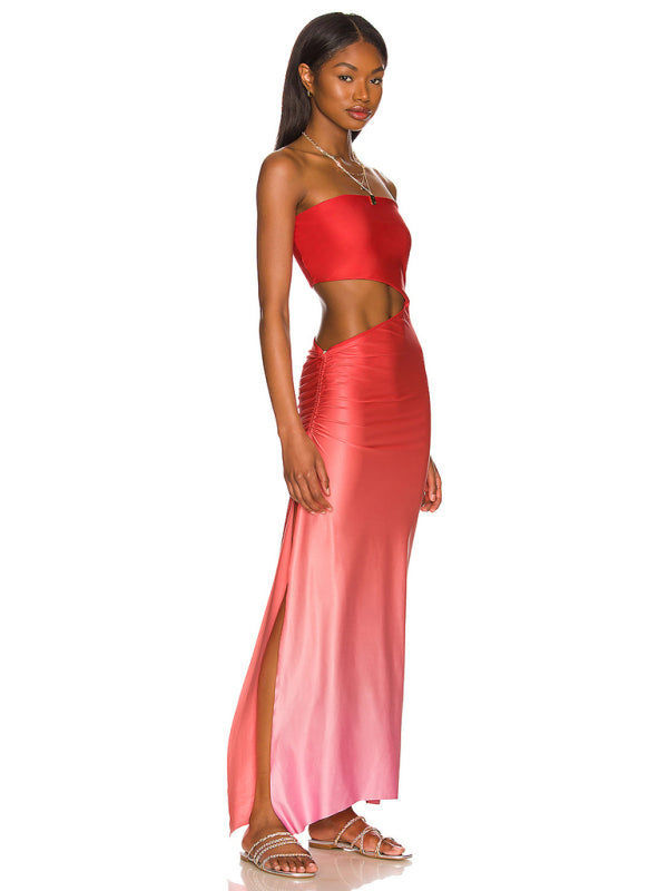 Backless hollow strapless long dress with hip covering